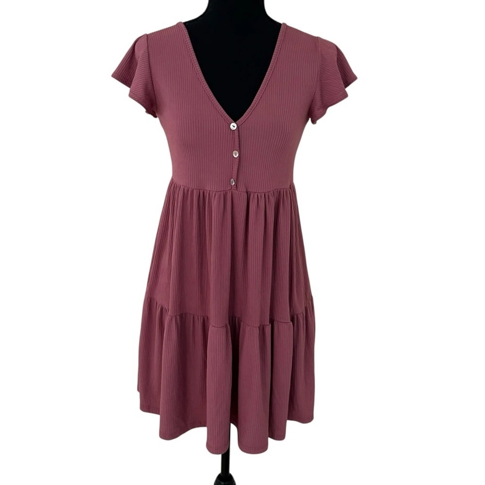 See You Monday Ribbed Tiered Babydoll Dress Mauve Pink Short Sleeve Mini Size M
